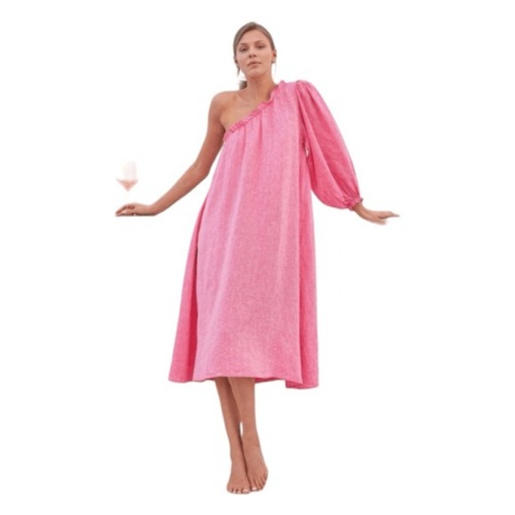 LAKE Dresses & Skirts - Lake Milly Linen One Shoulder Midi Dress Zinnia Pink XL